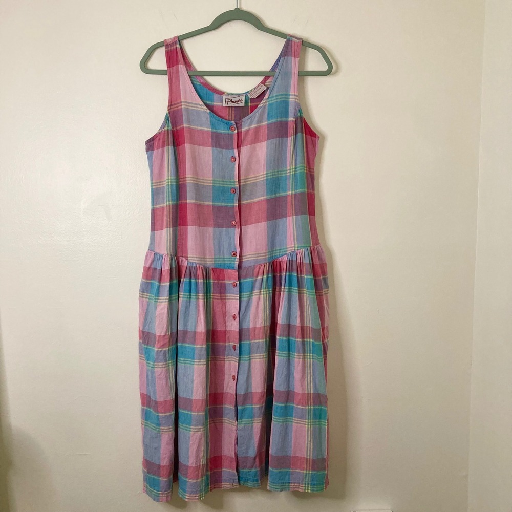 Phases Vintage 90s Plaid 100% Cotton Button Front Midi Dress Pink Blue M Prairie